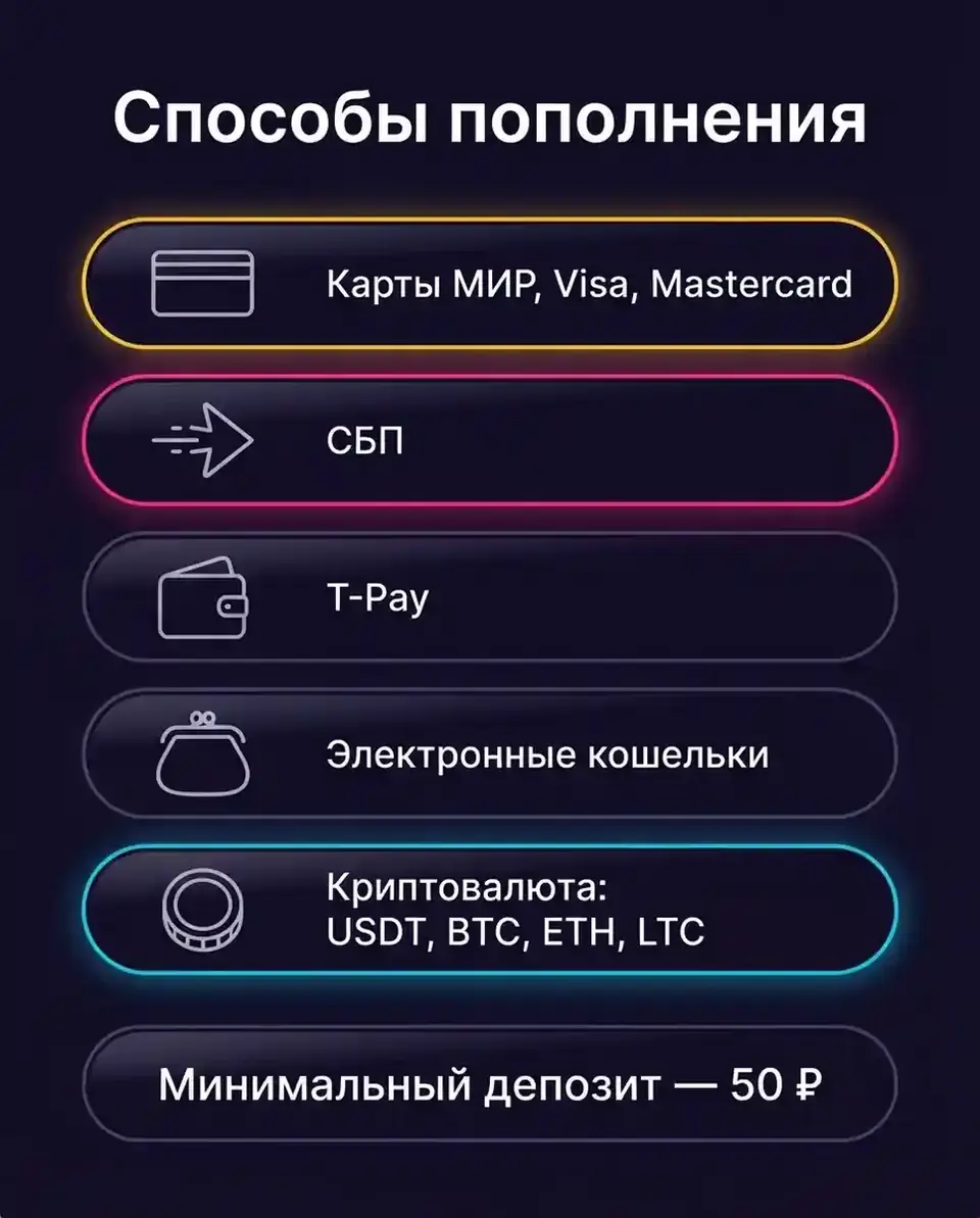 Способы пополнения: карты, СБП, T-Pay, кошельки, криптовалюта — инфографика