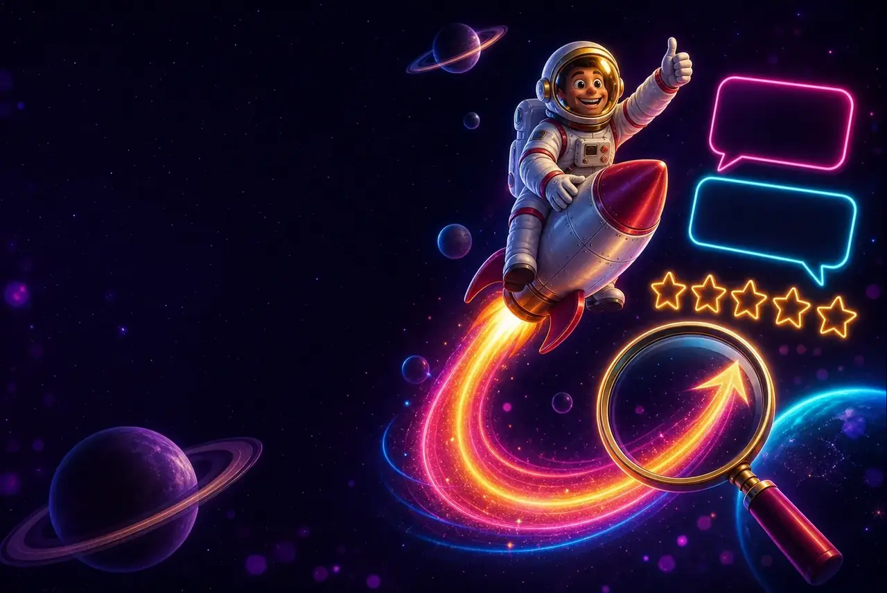 Космонавт из Spaceman летит среди планет, рядом пузыри отзывов и лупа