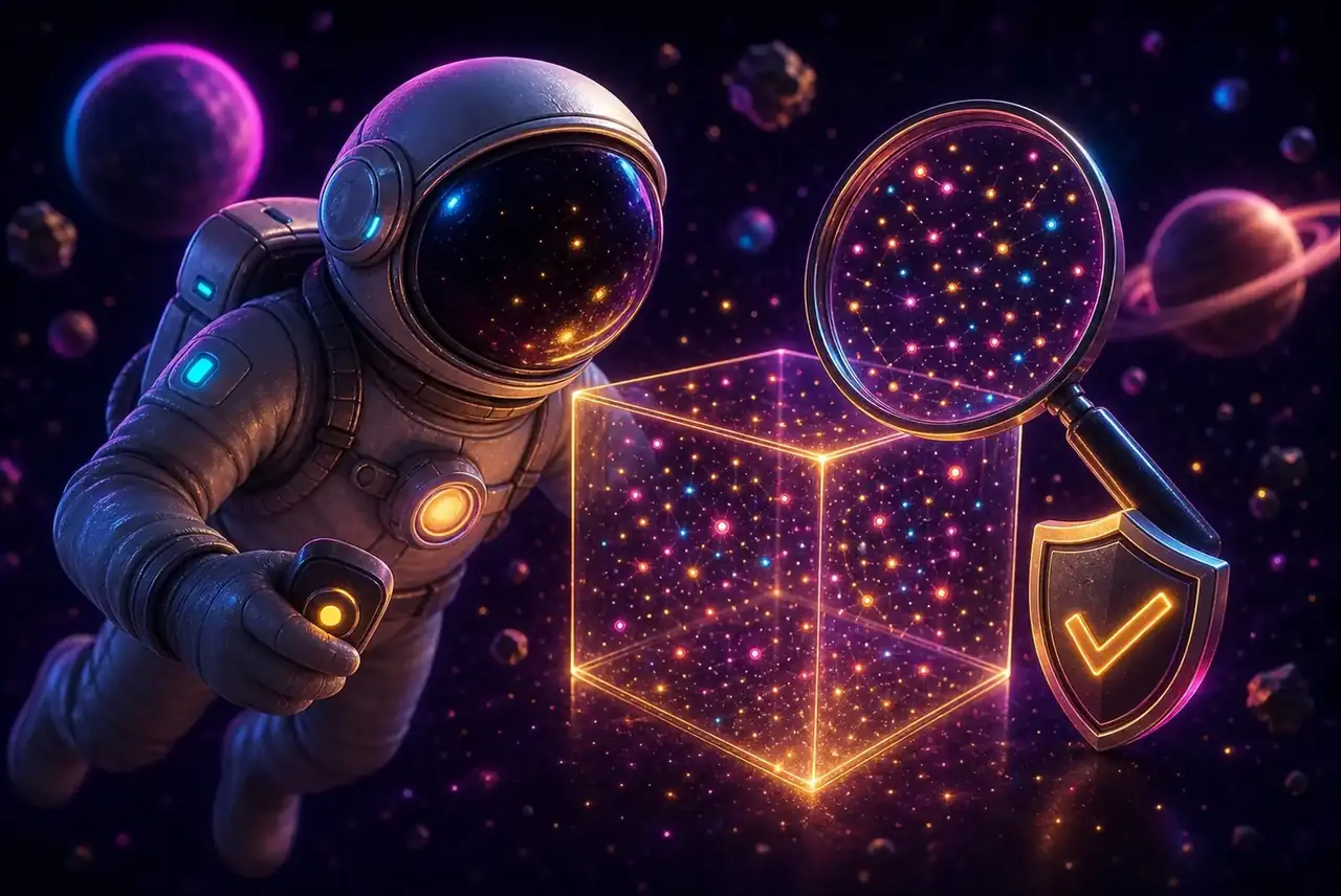 Космонавт Spaceman рядом с кубом генератора случайных чисел под лупой