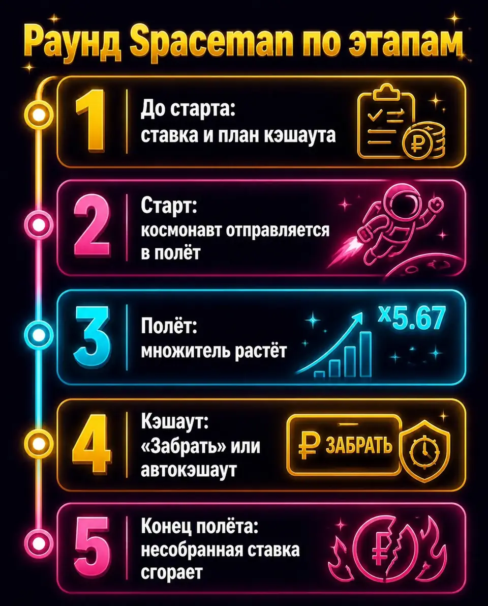Таймлайн раунда Spaceman от ставки до кэшаута