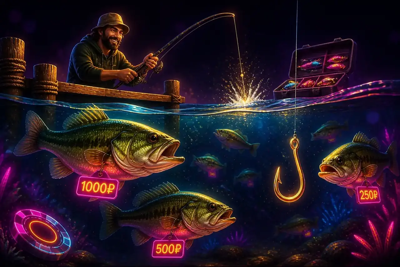 Рыбы с денежными значениями и рыбак-вайлд из слотов Big Bass