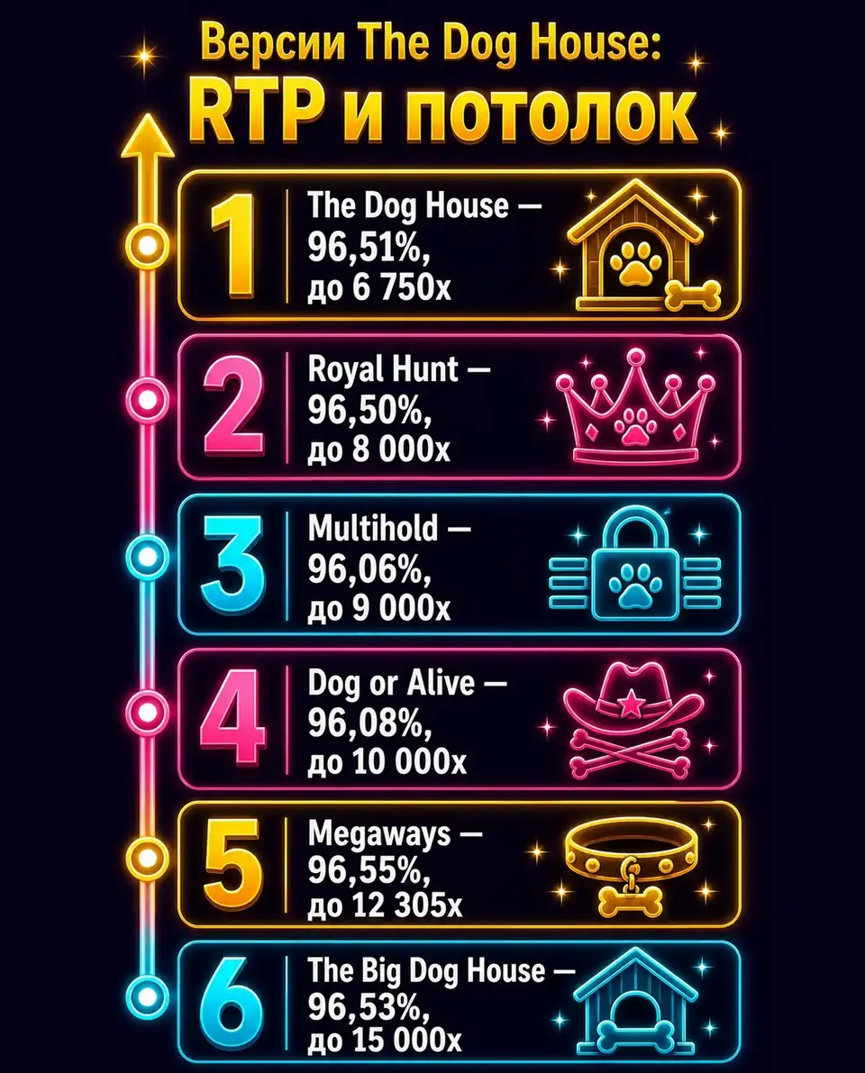 Лестница версий The Dog House по RTP и максимальному выигрышу