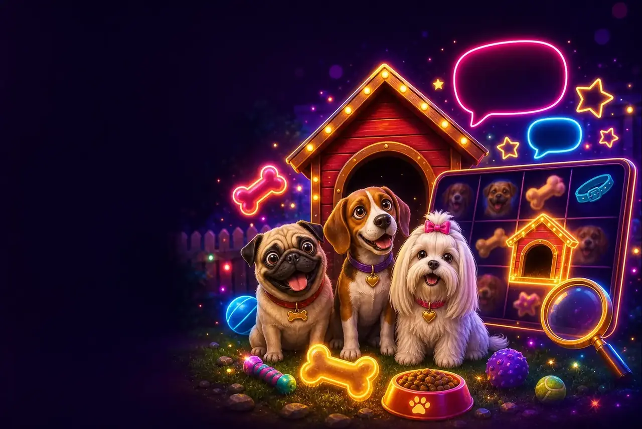 Собаки из The Dog House у будки, пузыри отзывов и лупа