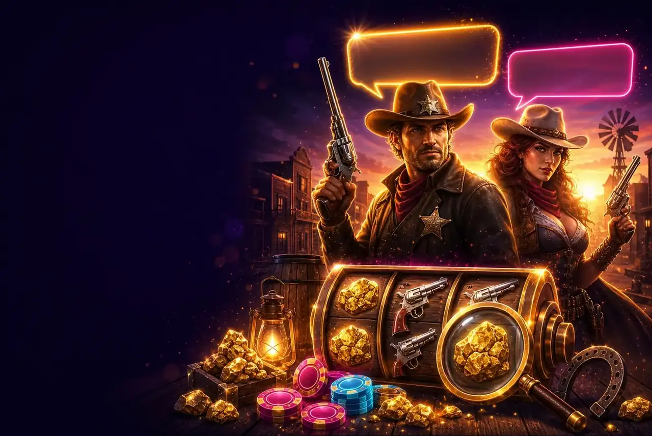Ключевой арт Wild West Gold: шериф, ковбойша, золото и лупа над барабаном