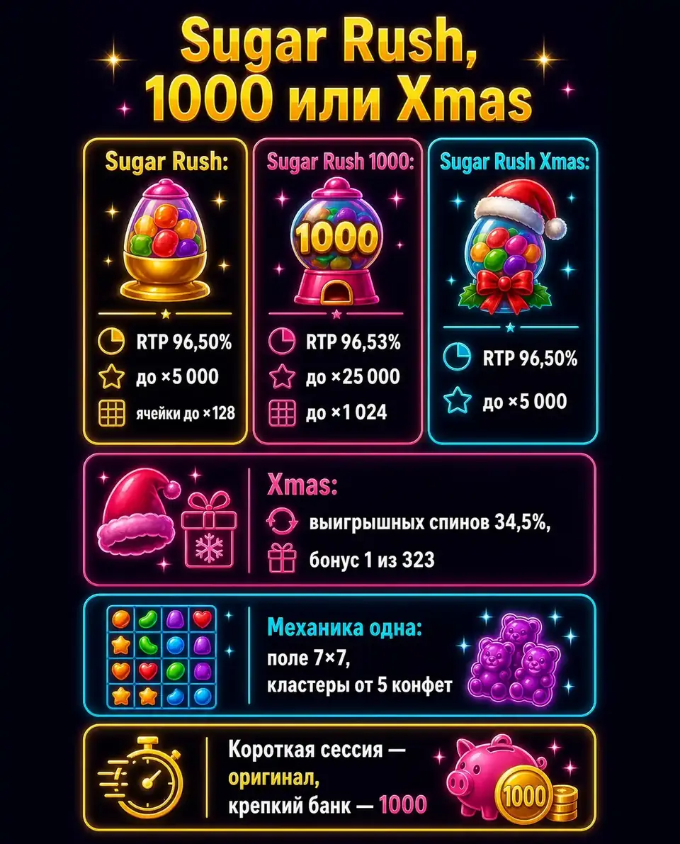 Сравнение версий Sugar Rush: RTP, максимальный выигрыш, множители