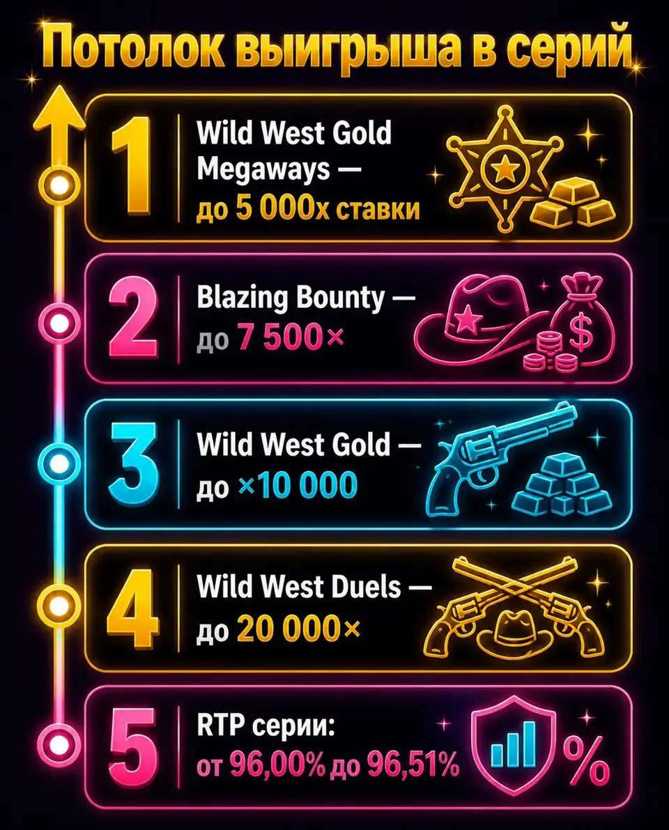 Инфографика: максимальные выигрыши и RTP четырёх слотов Wild West Gold