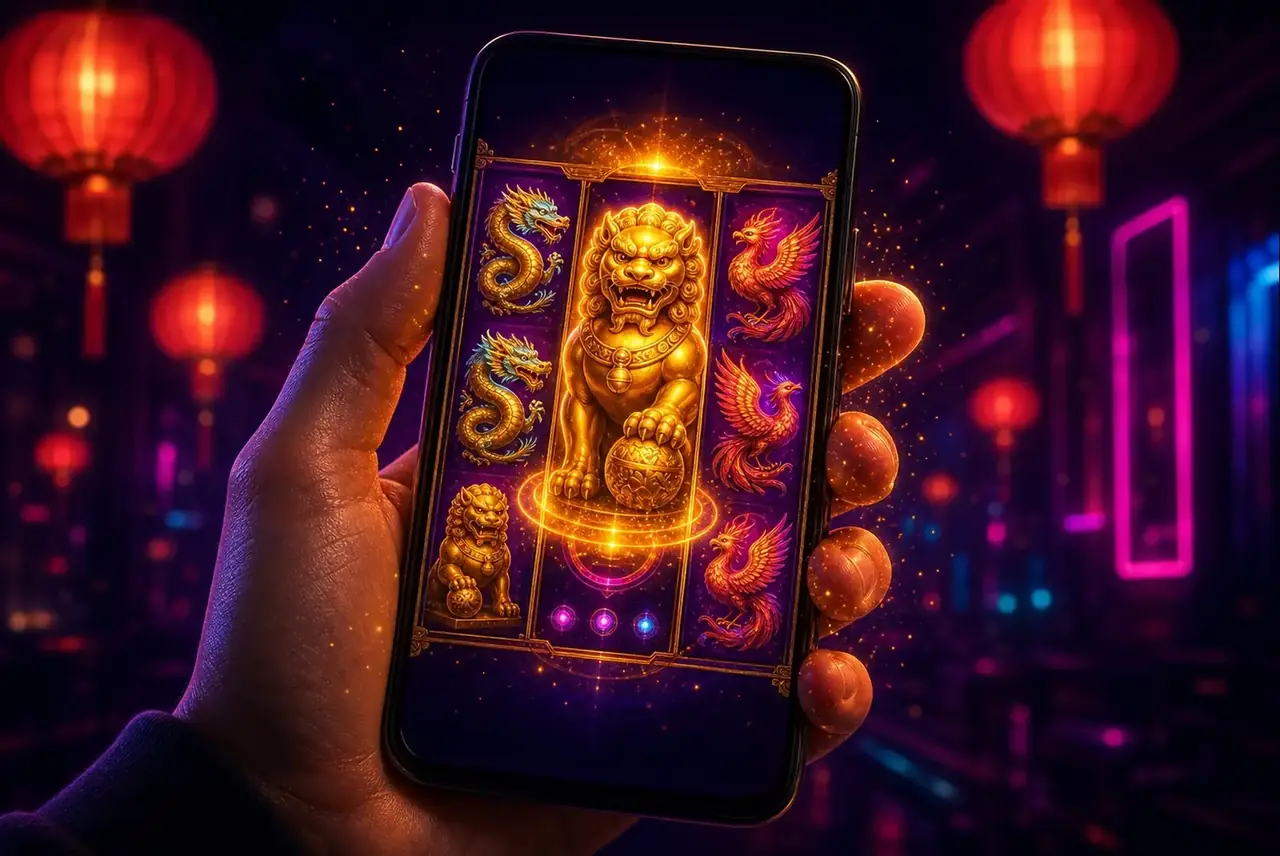 Смартфон в руке со слотом 5 Lions и золотым львом на экране