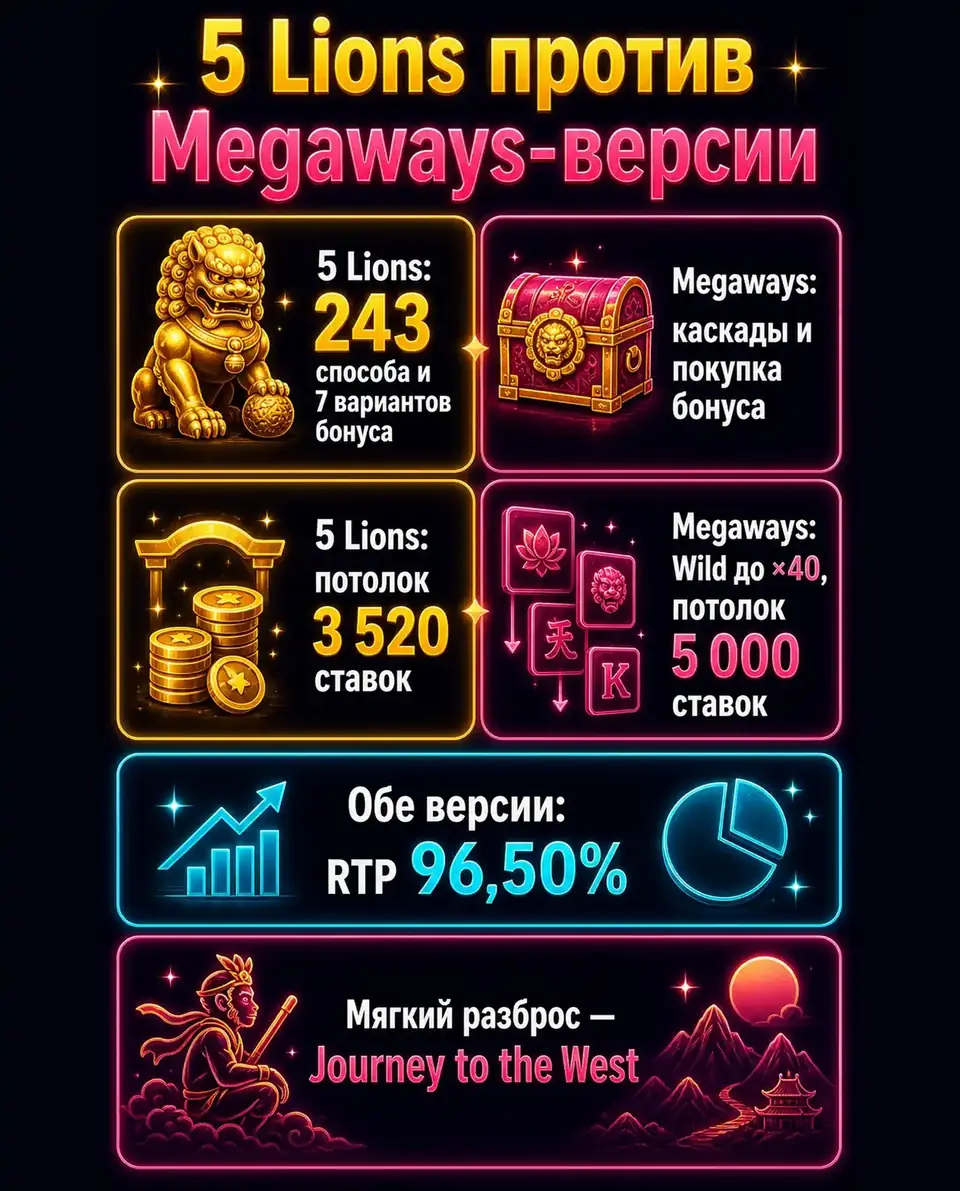 Сравнение 5 Lions и 5 Lions Megaways по механике и потолку