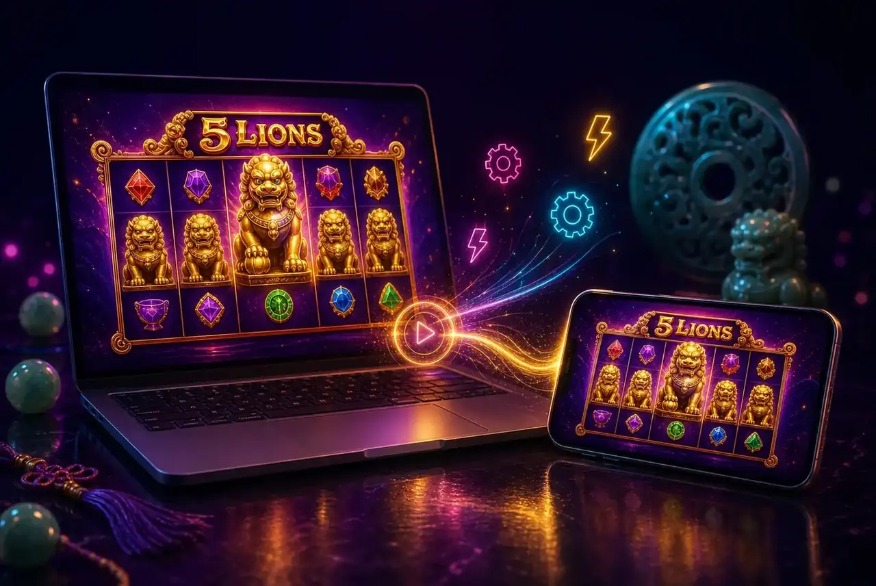Ноутбук и смартфон с одной игрой 5 Lions без установки