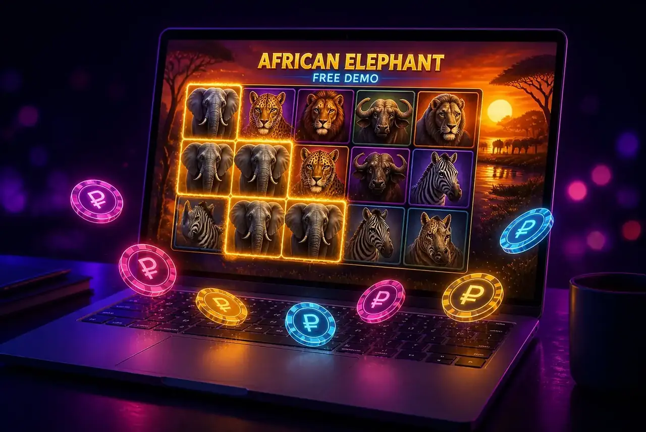 Демо-режим African Elephant на ноутбуке с фигурой Wild Shape на поле