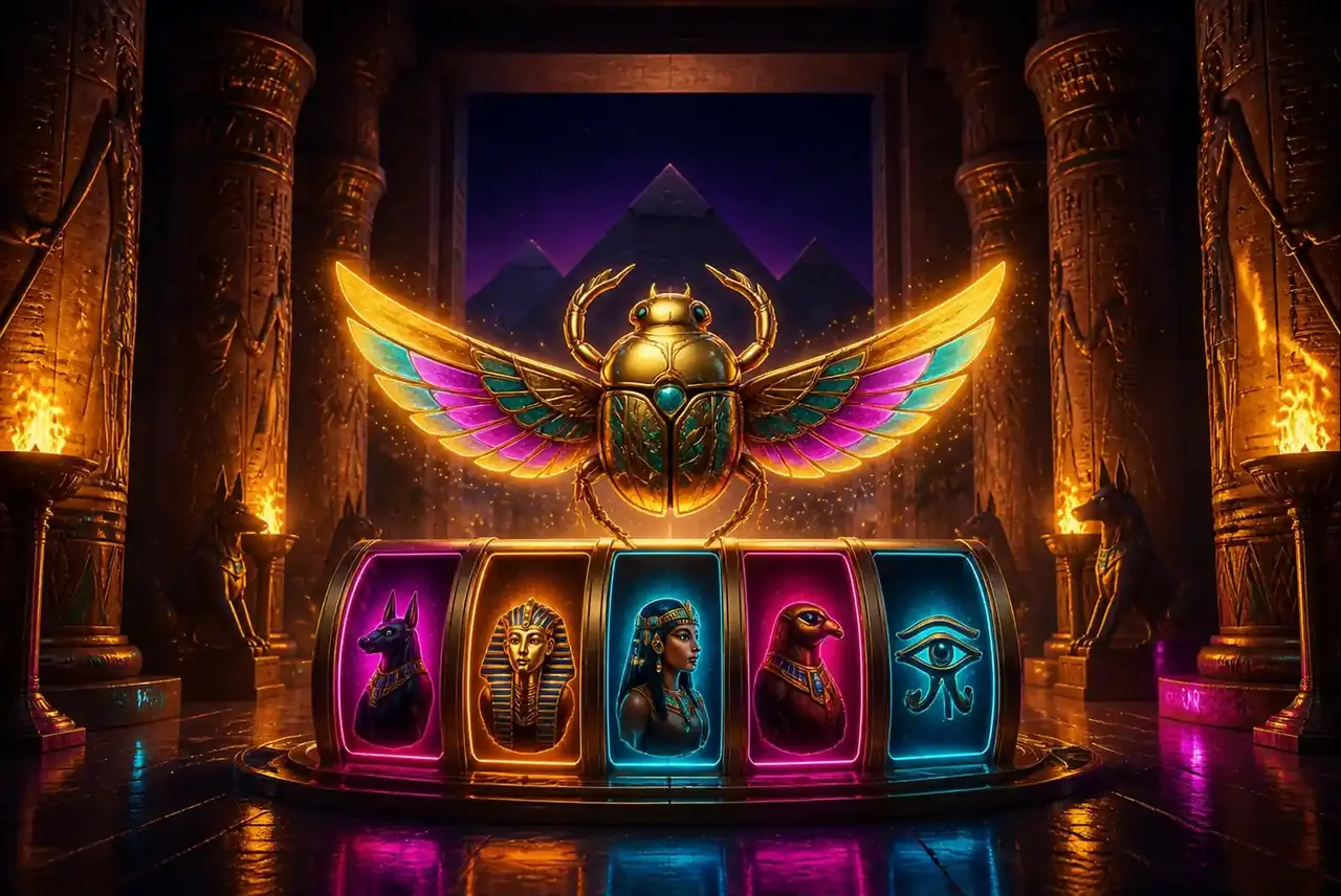Египетский храм с золотым скарабеем над барабанами слота Ancient Egypt