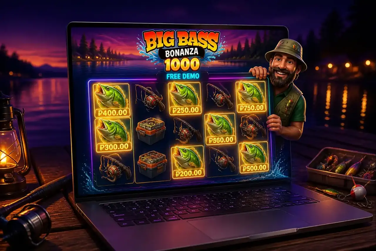 Демо-режим Big Bass Bonanza 1000 на ноутбуке у озера