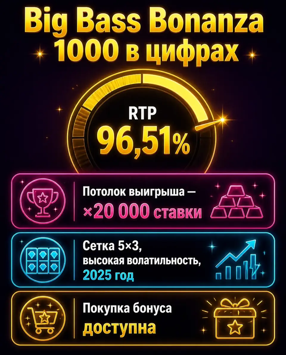 Ключевые параметры Big Bass Bonanza 1000: RTP, потолок выигрыша и сетка