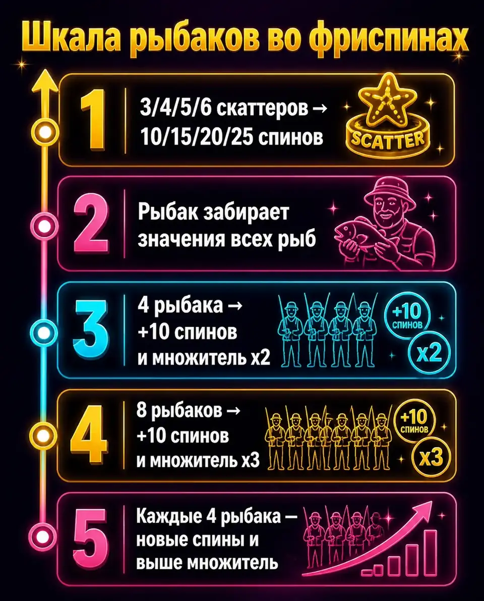 Лестница множителей фриспинов Big Bass Bonanza Megaways