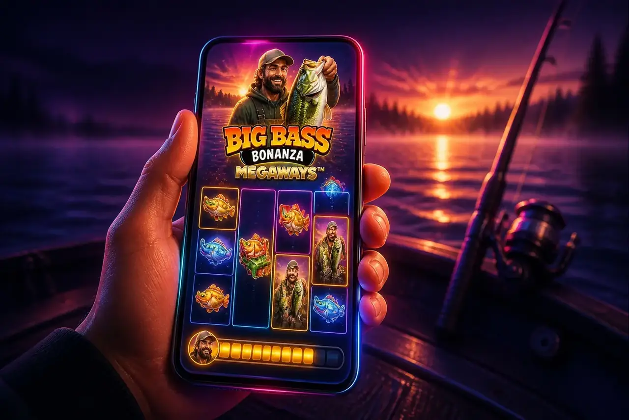 Big Bass Bonanza Megaways на смартфоне в руке на рыбалке