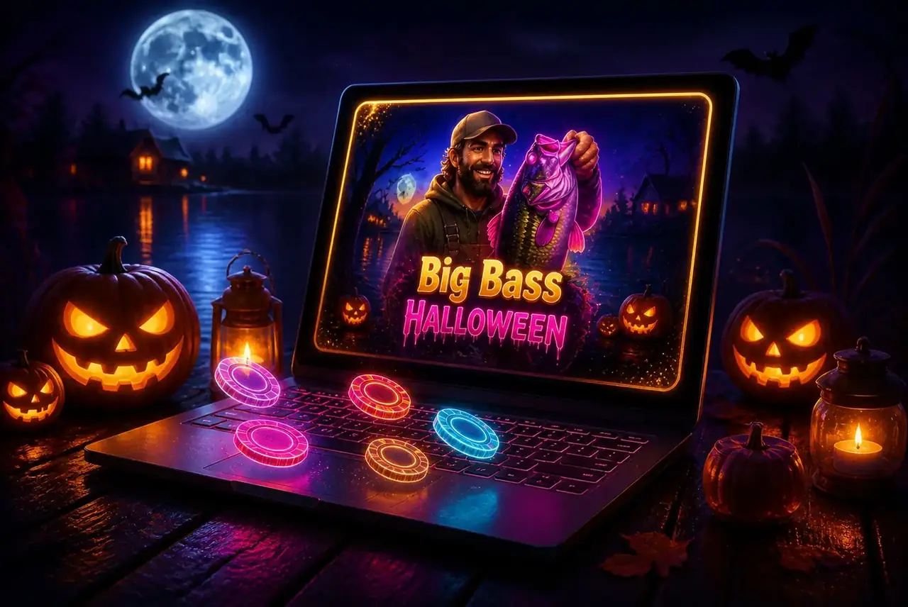 Демо Big Bass Halloween на ноутбуке у ночного озера