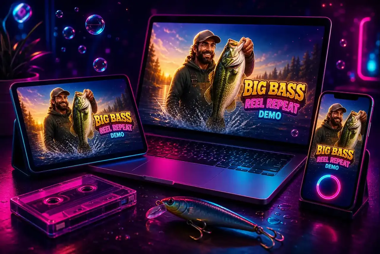 Ноутбук, планшет и смартфон с демо Big Bass Reel Repeat