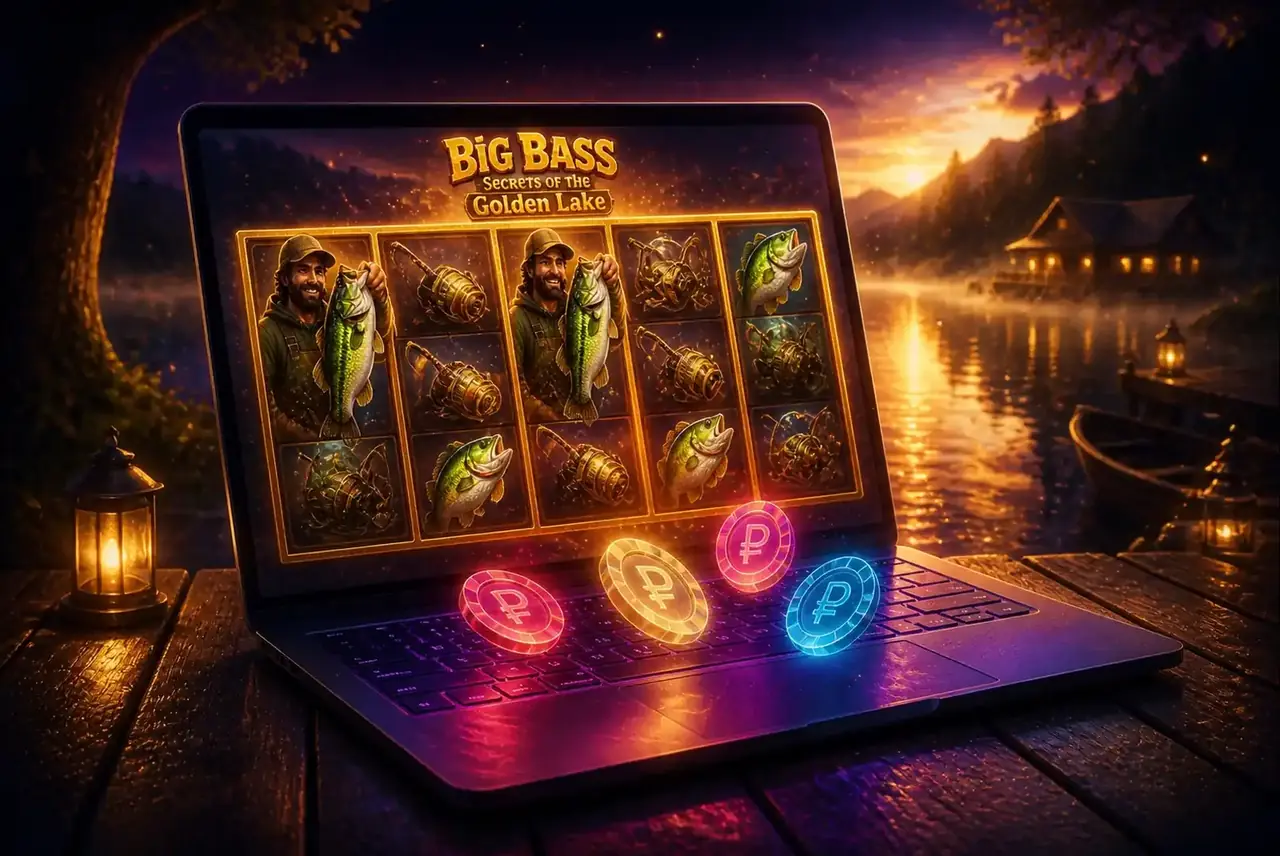 Ноутбук на причале с демо-версией слота Big Bass Secrets of the Golden Lake