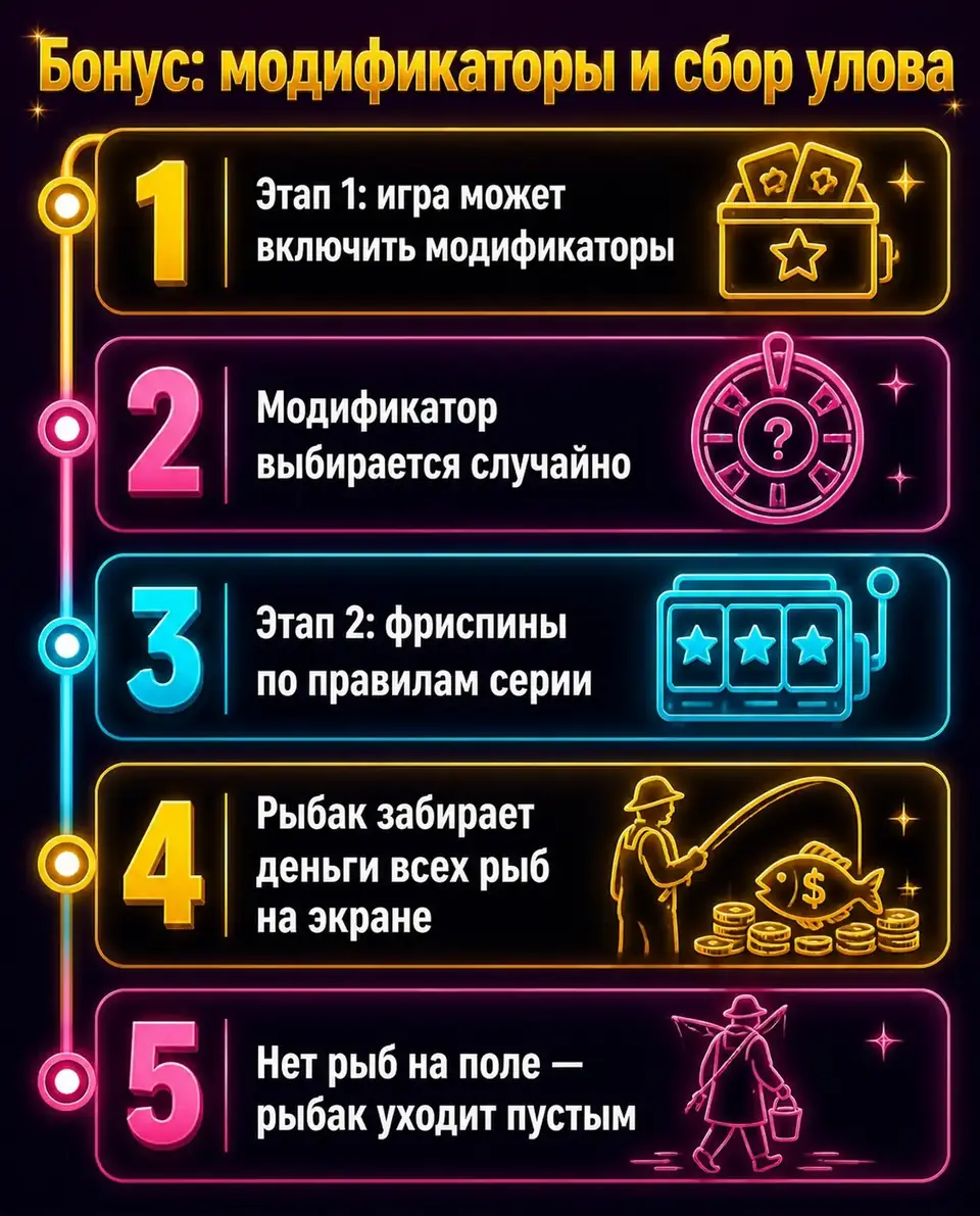 Этапы бонуса Big Bass Splash: модификаторы и фриспины со сбором рыб