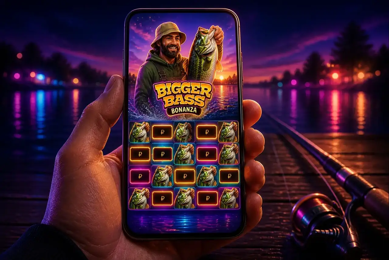 Bigger Bass Bonanza на смартфоне в руке на фоне вечернего озера