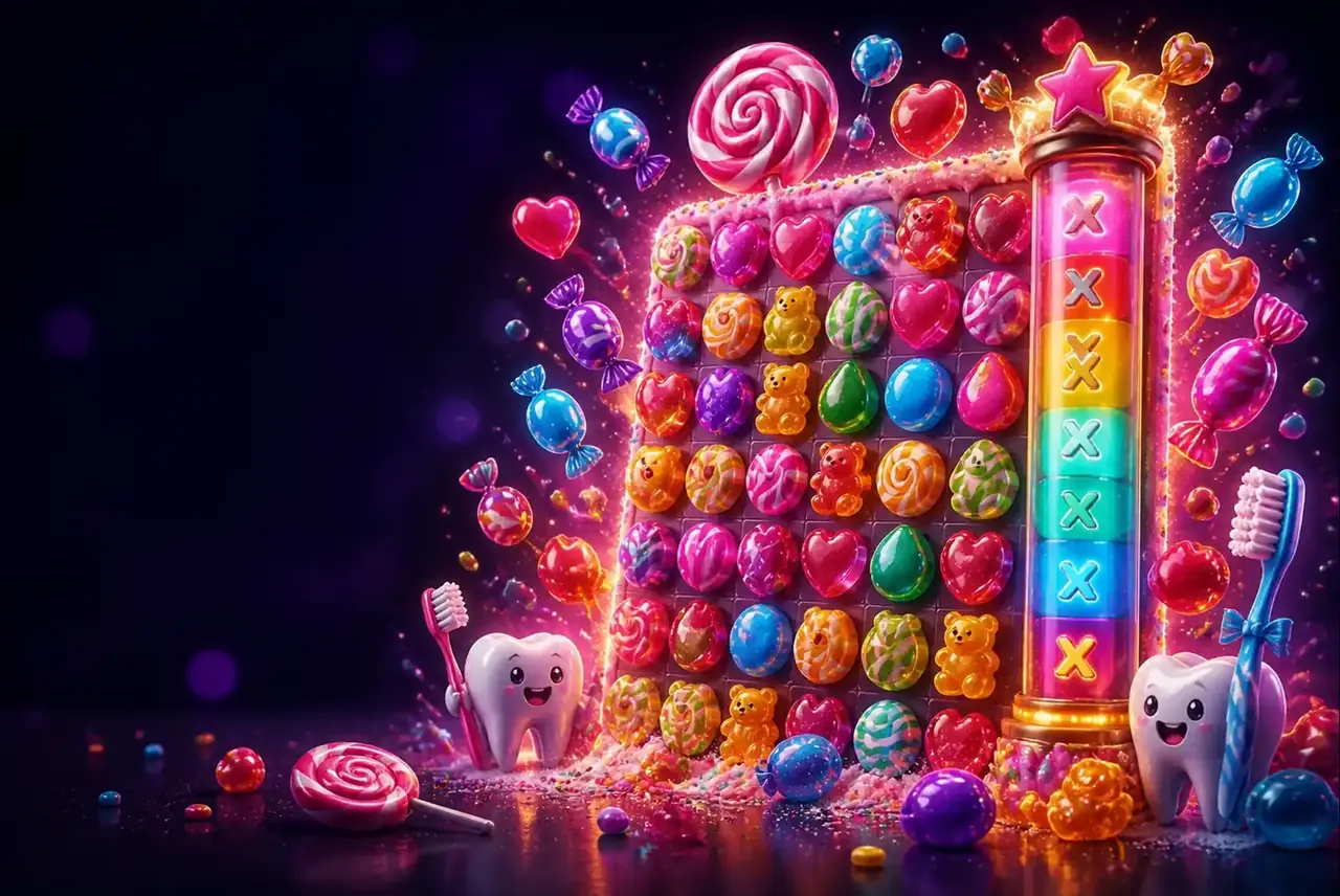 Конфеты каскадом и шкала множителей — ключевой арт слота Candy Blitz