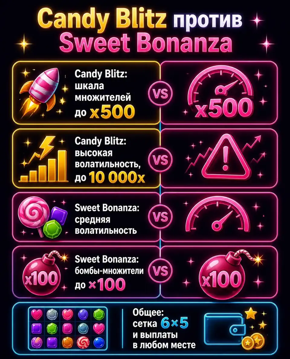 Сравнение Candy Blitz и Sweet Bonanza по множителям и волатильности