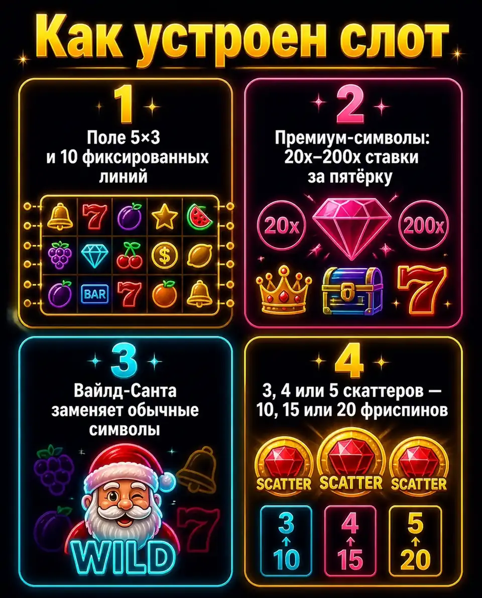 Схема устройства Christmas Big Bass Bonanza: поле, линии, вайлд и скаттеры