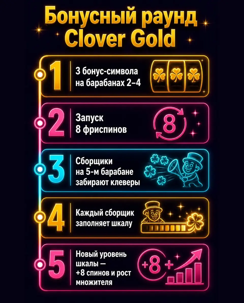 Шаги бонусного раунда Clover Gold от запуска до множителя