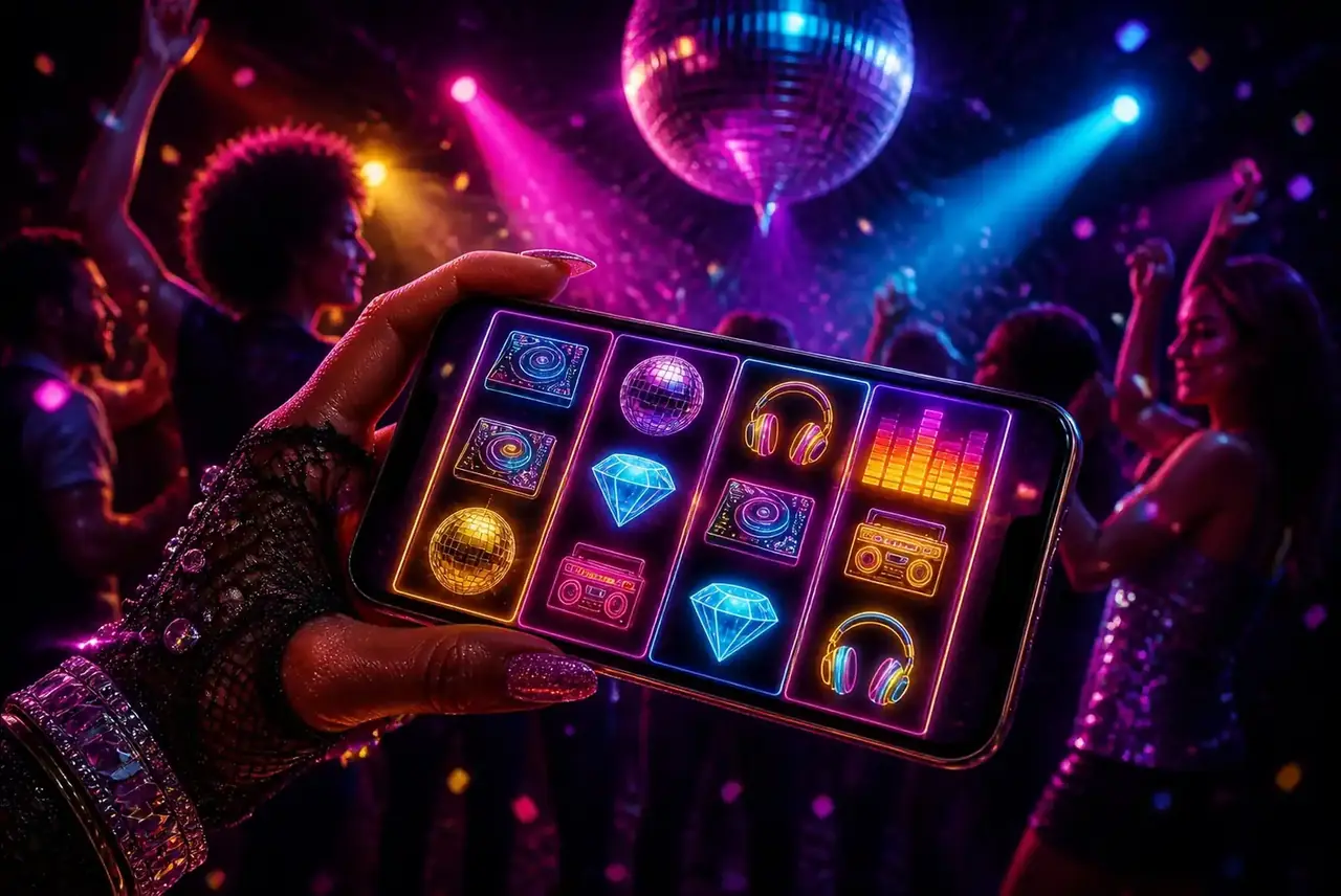 Смартфон со слотом Dance Party в руке на диско-танцполе