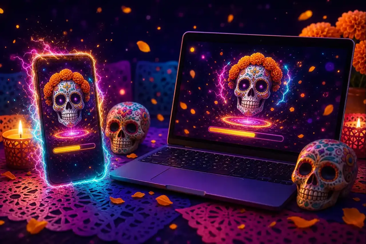 Ноутбук и смартфон с быстрой загрузкой слота Day of Dead