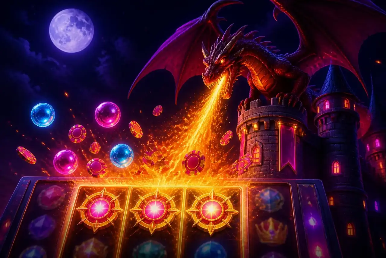 Красный дракон над барабанами Dragon Kingdom во время продления фриспинов