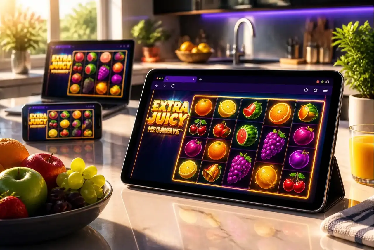 Extra Juicy Megaways в браузере планшета на кухне