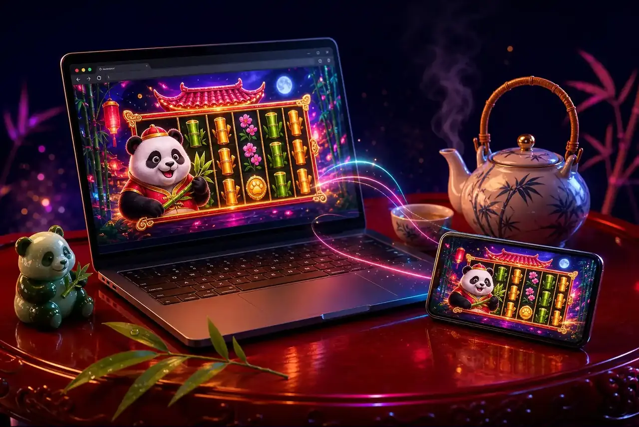 Ноутбук и смартфон с демо Fat Panda на чайном столике