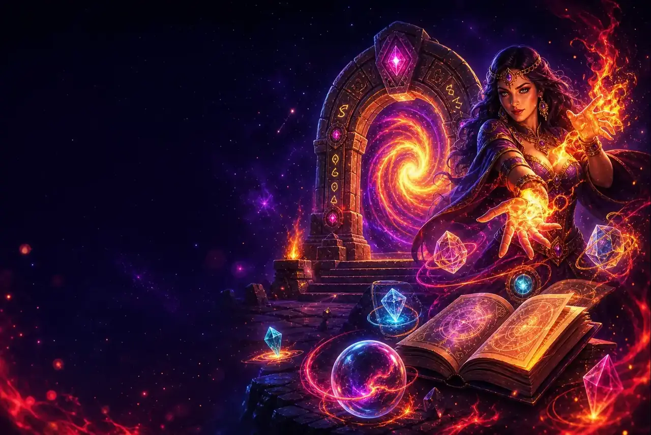 Колдунья у светящегося рунического портала — ключевой арт Fire Portals