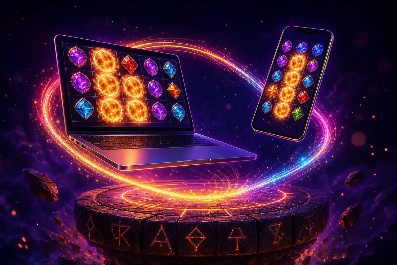 Ноутбук и смартфон над руническим постаментом с игрой Fire Portals