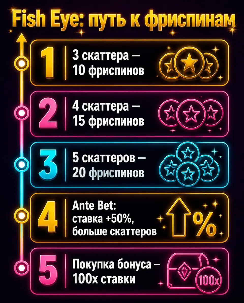 Сколько фриспинов дают скаттеры в Fish Eye, Ante Bet и покупка