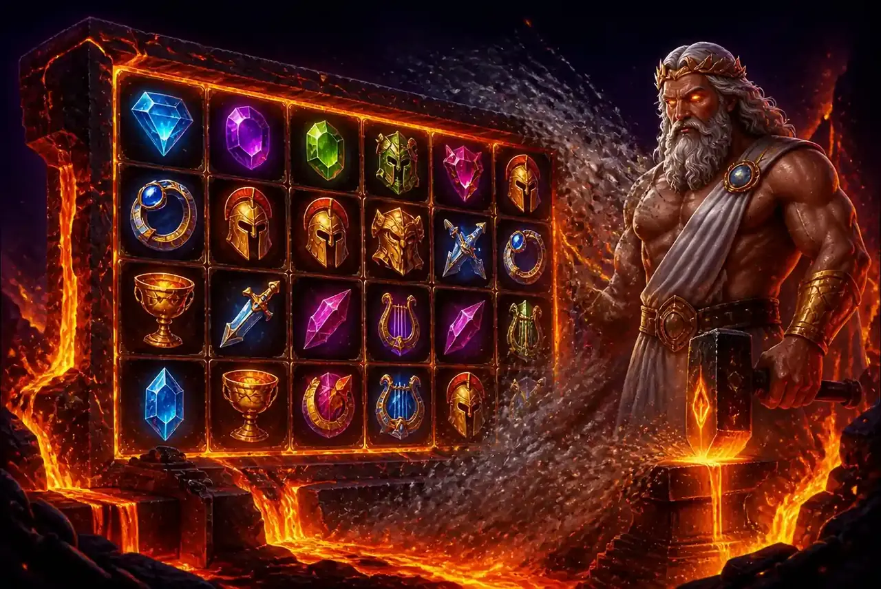 Кузница в вулкане и взрыв пепла в оформлении Forge of Olympus