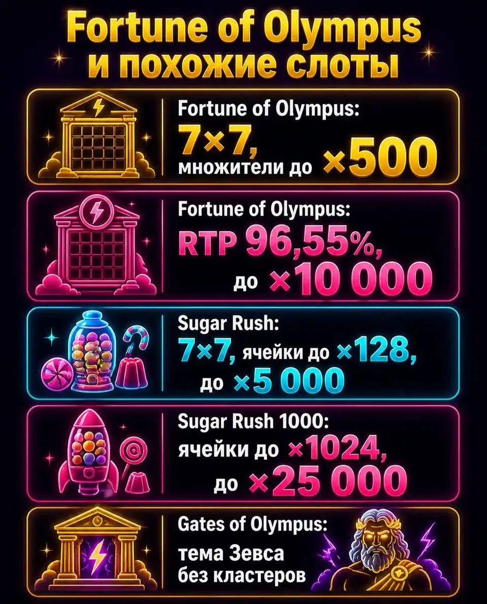 Сравнение Fortune of Olympus с Sugar Rush и Gates of Olympus