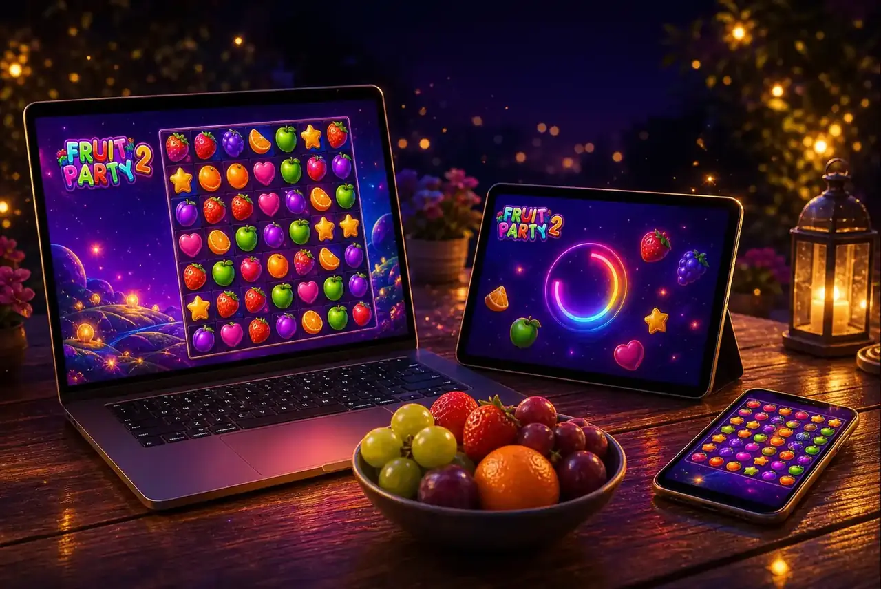 Ноутбук, планшет и телефон с демо Fruit Party 2 на садовом столе