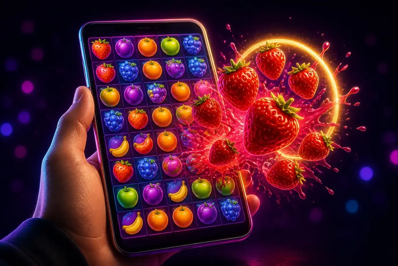 Квадратное поле Fruit Party на смартфоне с сочными фруктами