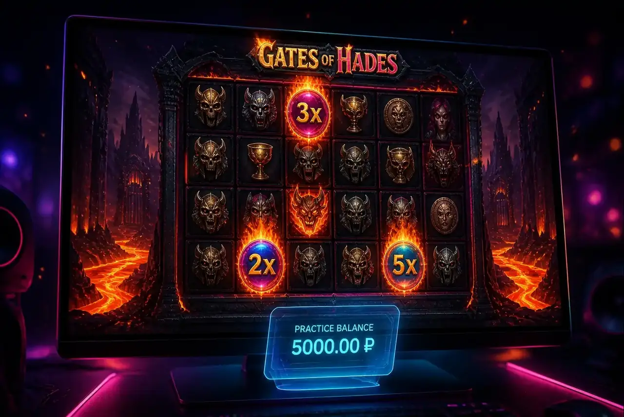 Демо-версия Gates of Hades на мониторе с огненными Wild-символами