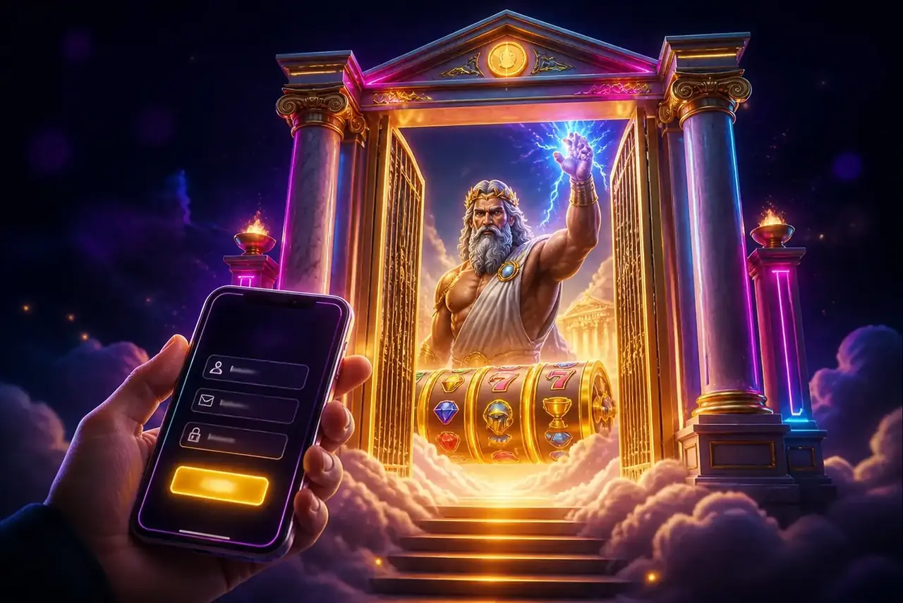 Врата Олимпа и смартфон с регистрацией для игры в Gates of Olympus 1000