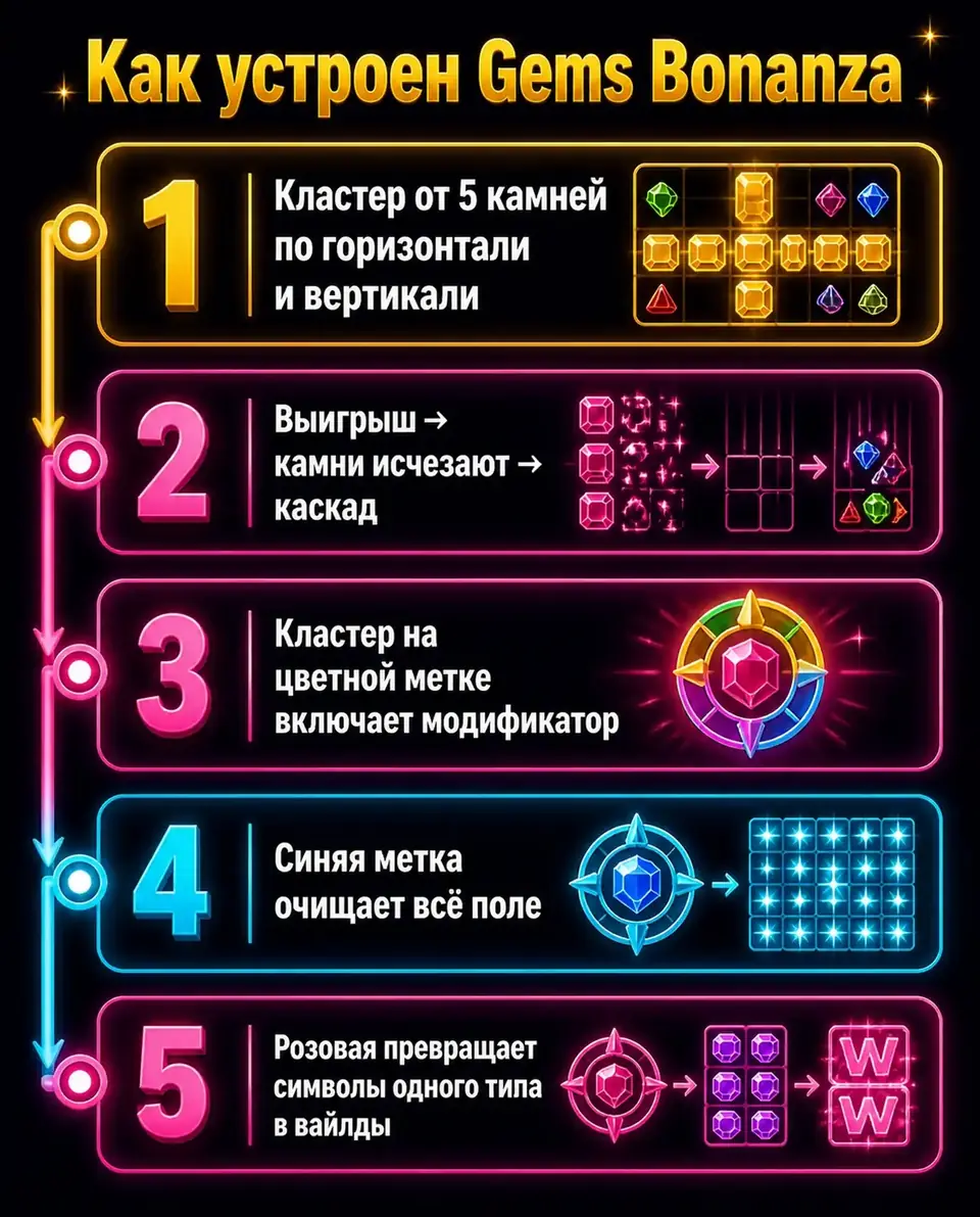 Схема кластеров, каскадов и модификаторов в Gems Bonanza