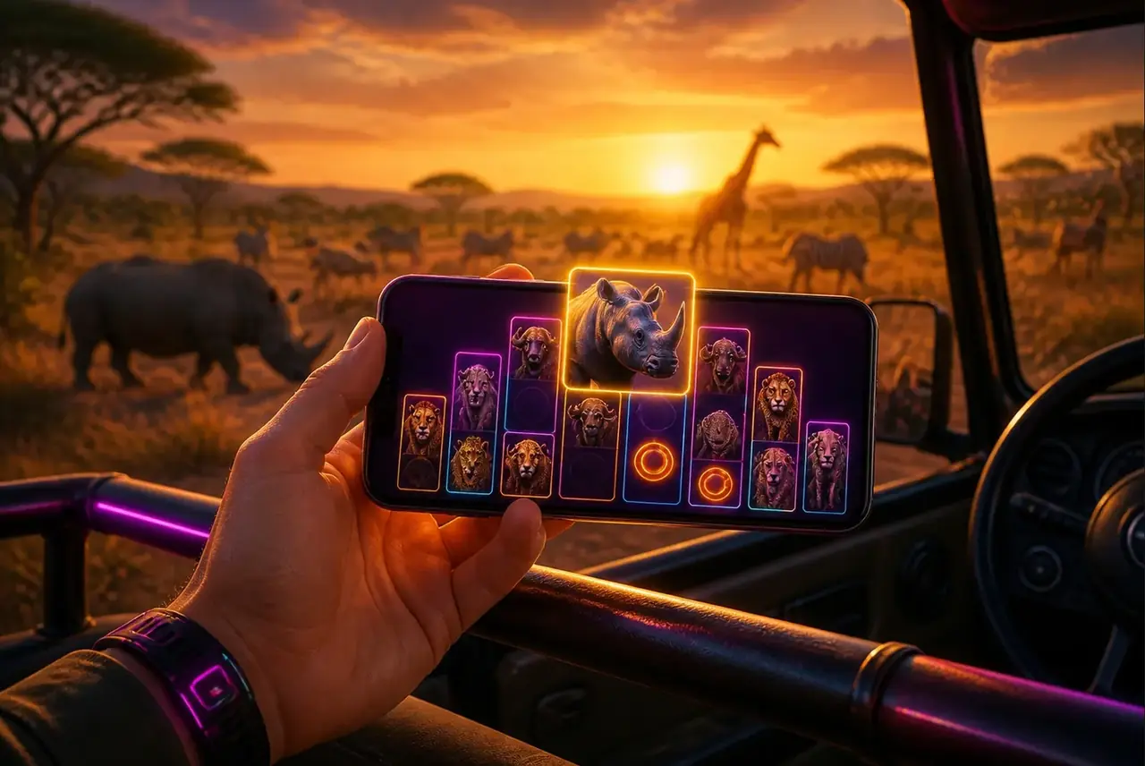 Смартфон с Great Rhino Megaways в руке во время сафари