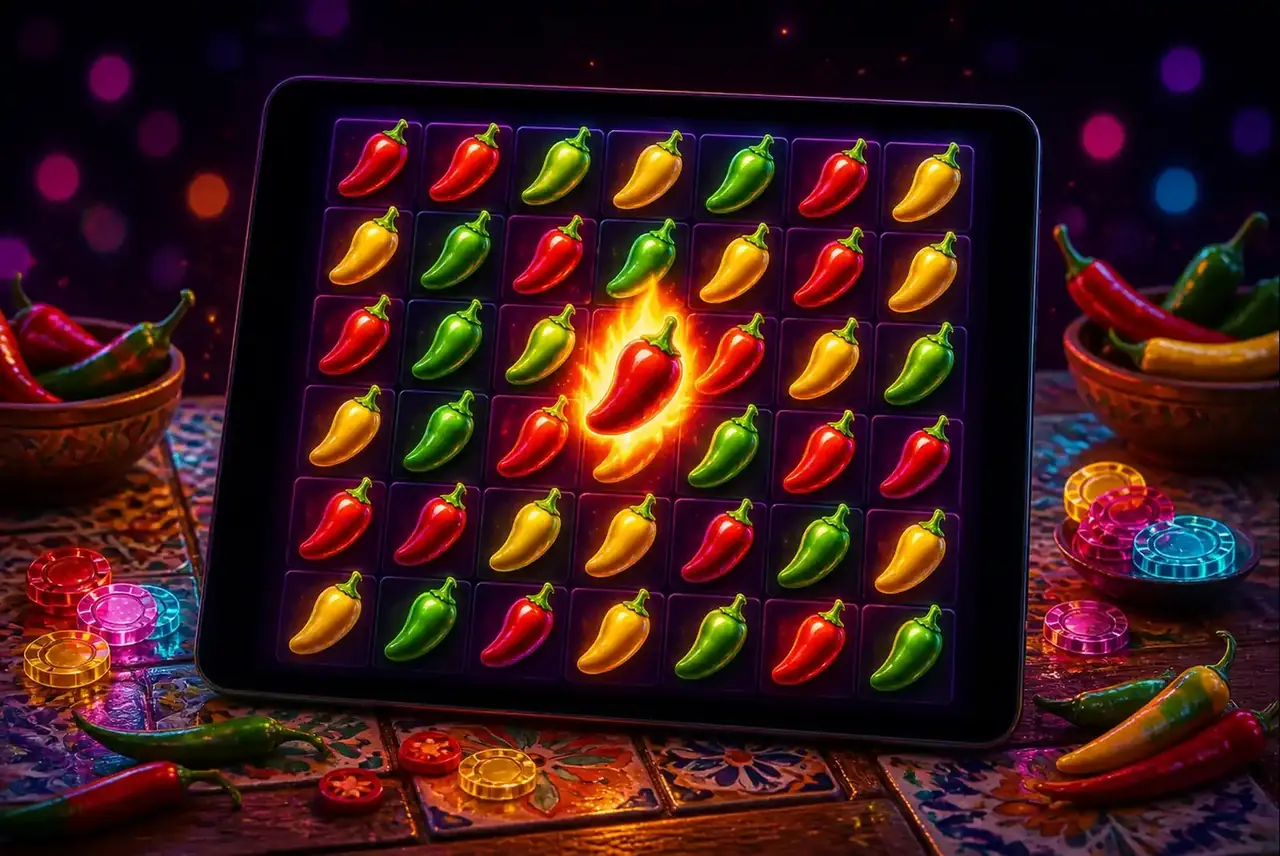 Планшет с демо Hot Pepper: поле 7×7 из перцев чили
