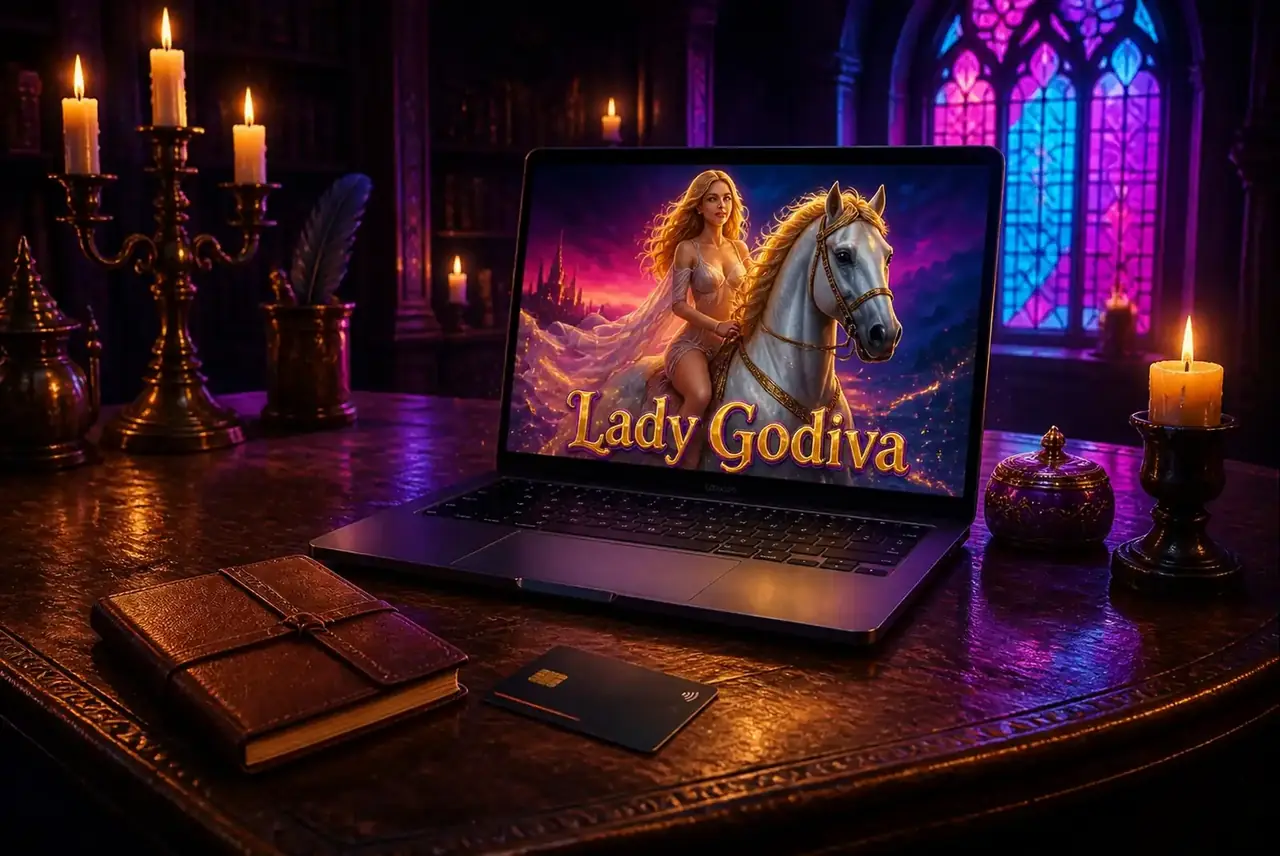 Начало игры в Lady Godiva на ноутбуке в средневековом интерьере