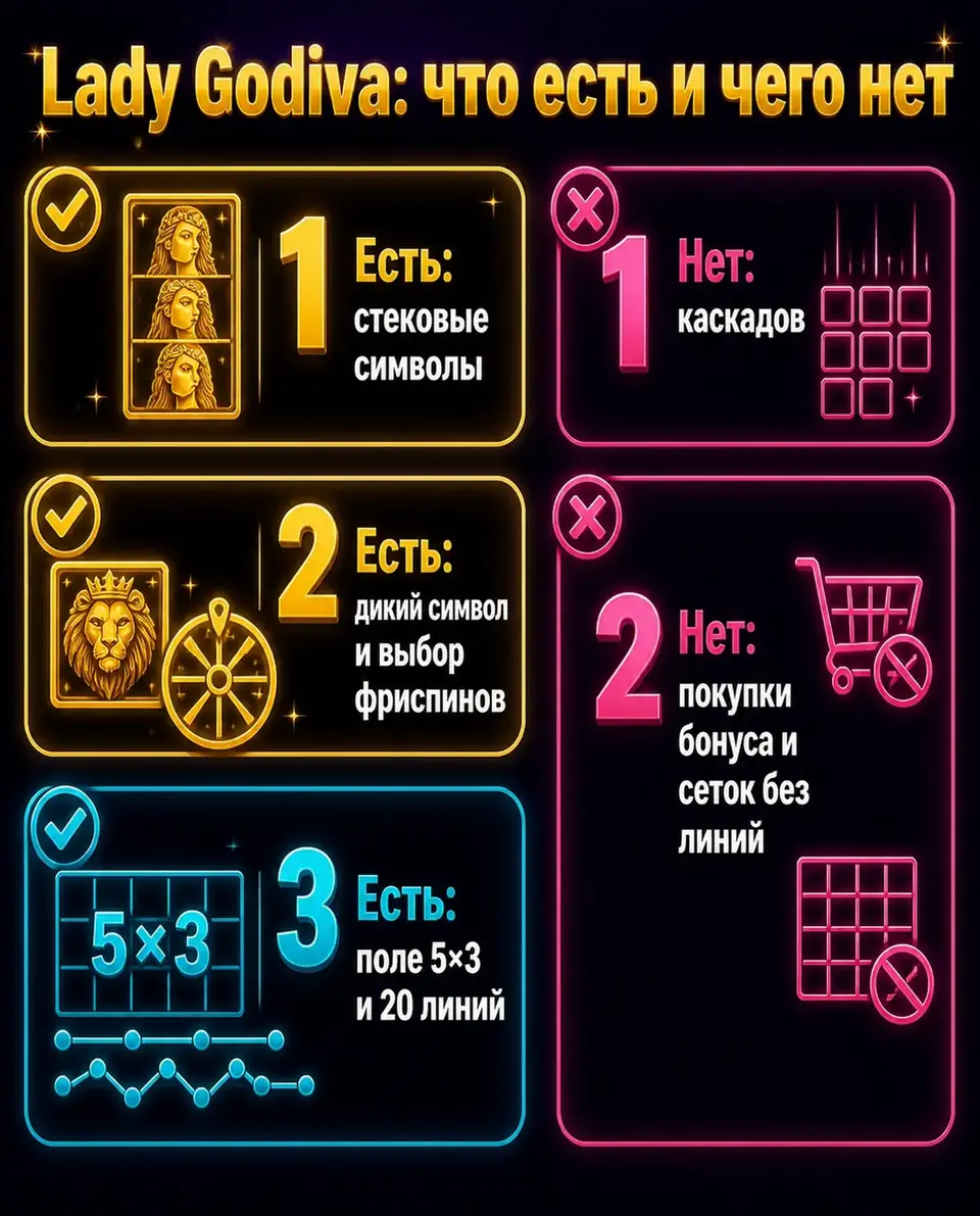 Сравнение механик слота Lady Godiva: что есть в игре и чего нет