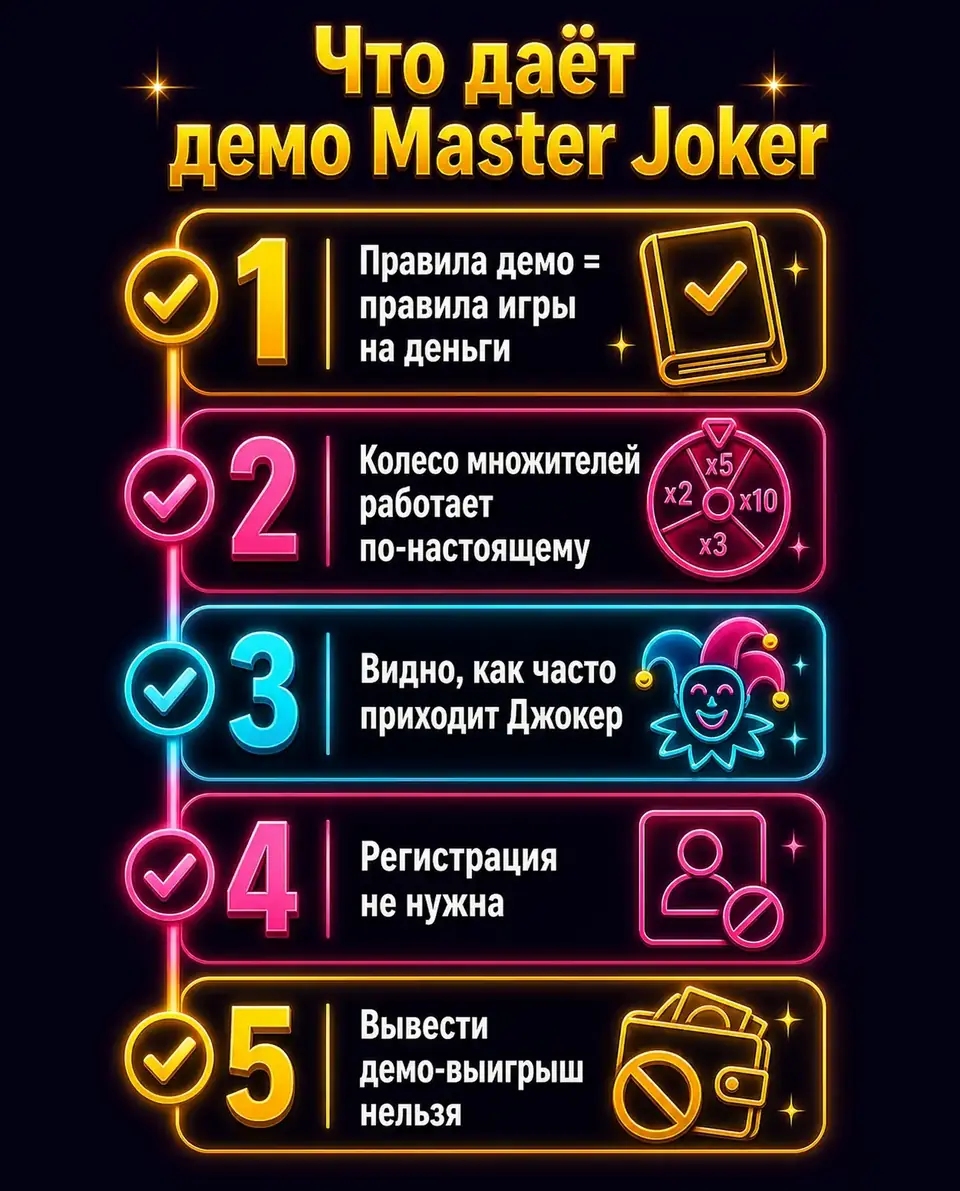 Чек-лист возможностей бесплатного демо-режима слота Master Joker