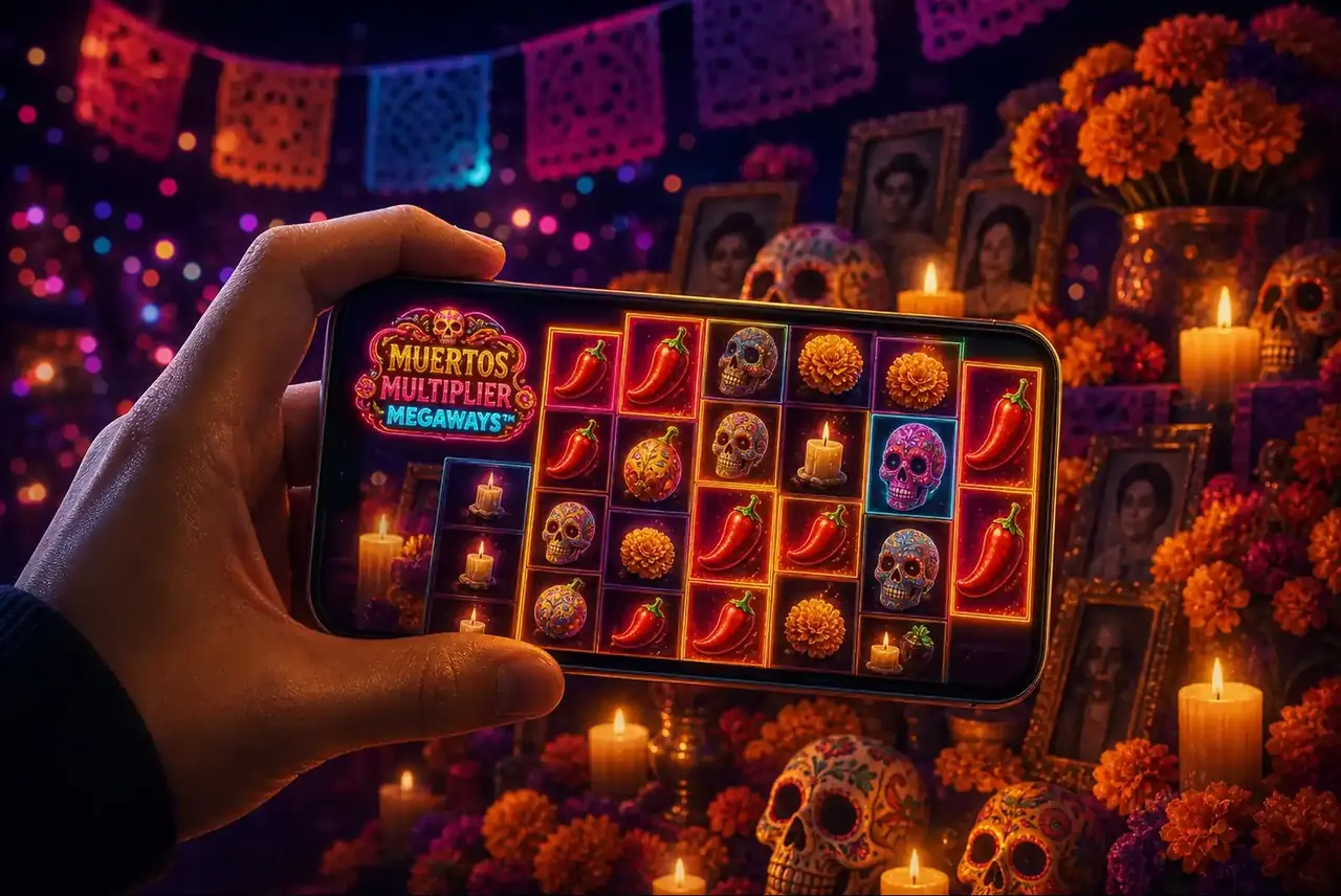 Смартфон со слотом Muertos у праздничного алтаря Дня мёртвых