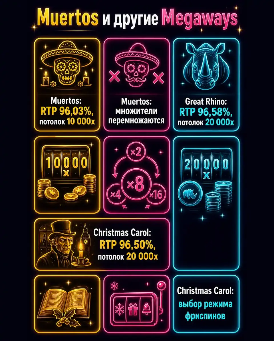 Сравнение Muertos с Great Rhino и Christmas Carol Megaways